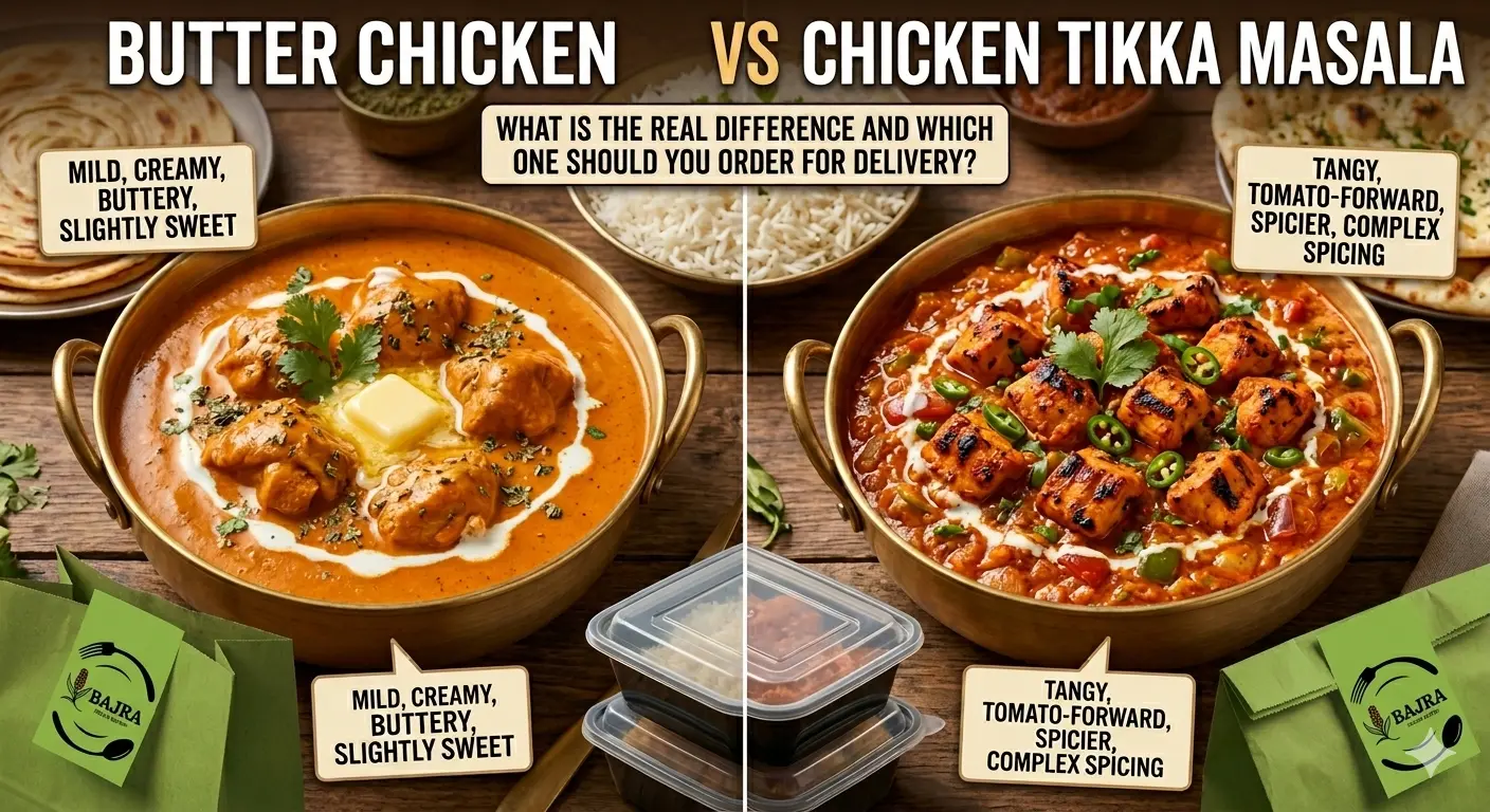 Butter Chicken vs Chicken Tikka Masala served with naan and basmati rice at Bajra Indian Bistro in Richmond VA