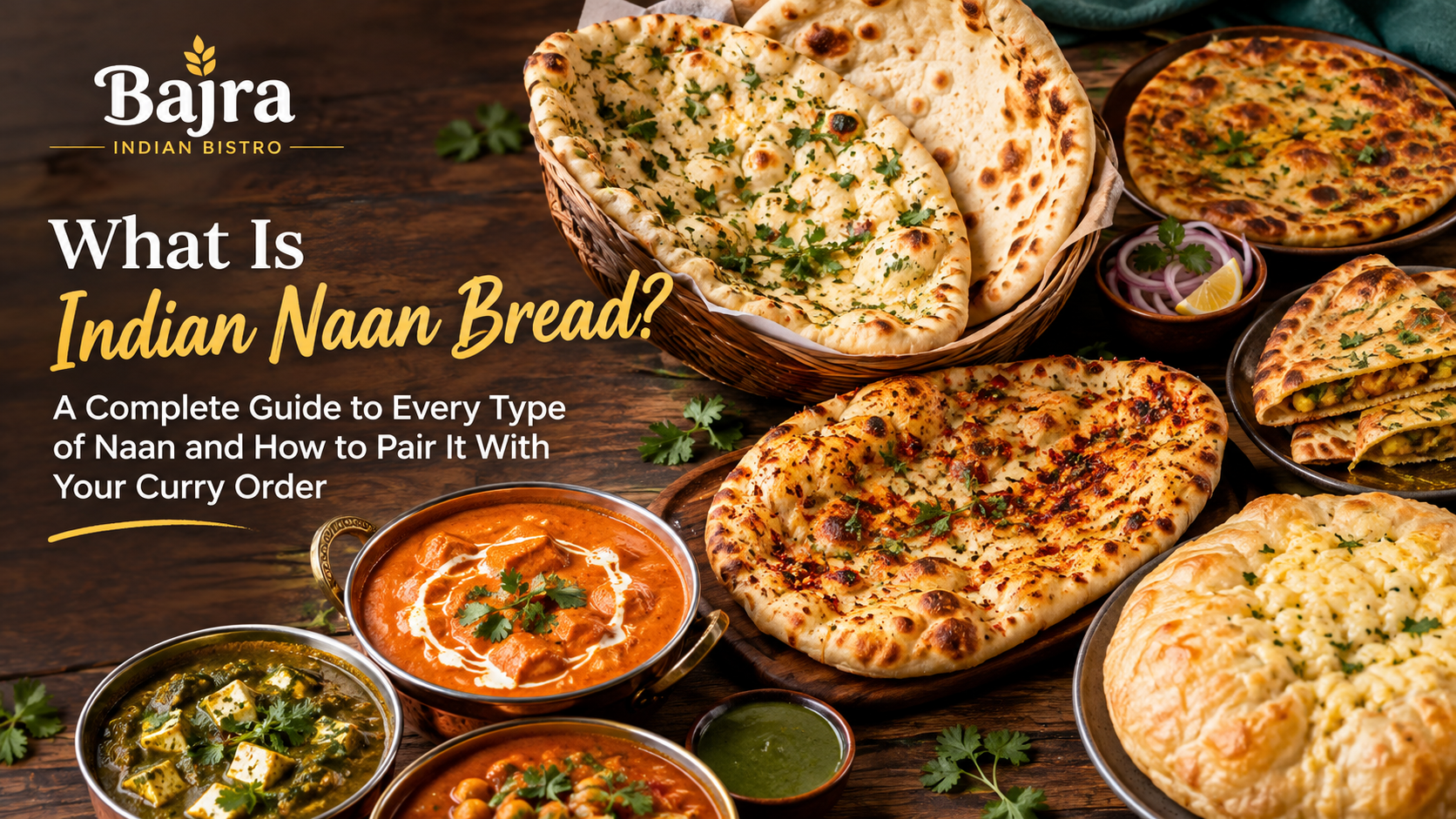 Types of Indian naan bread served with Indian curries at Bajra Indian Bistro